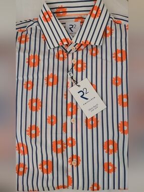 R2 Men’s White Button-Down Shirt with Orange Floral & Blue Stripes
